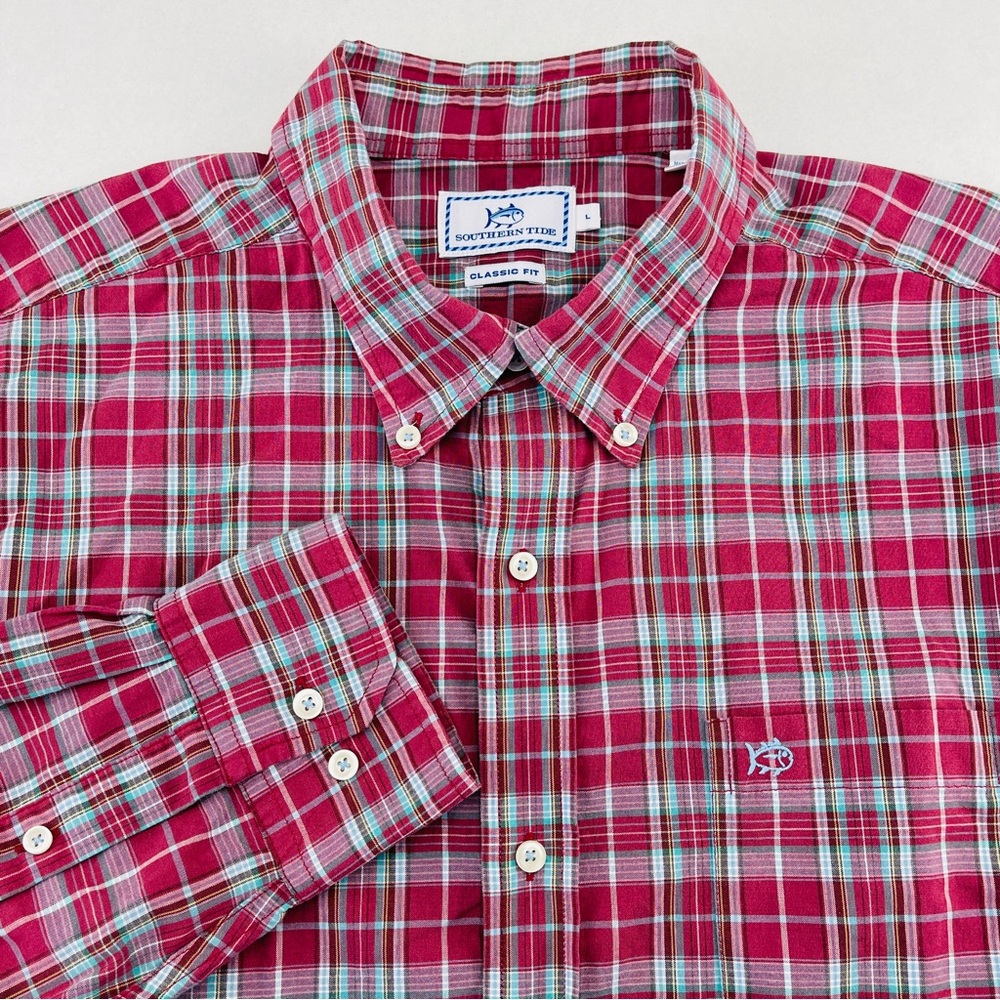 Southern Tide Shirt Mens Large Red Plaid Long Sleeve Button Up Cotton Logo